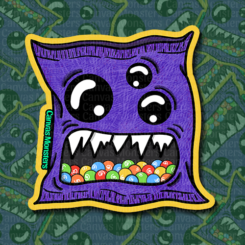 Purple monster candy bag, with a colorful belly of small candies on a green patterned background