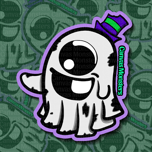 Cartoon ghost character with a purple outline on a green background with 'Canvas Monsters' branding.