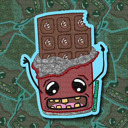 Cartoon-style chocolate bar with a face on a green patterned background