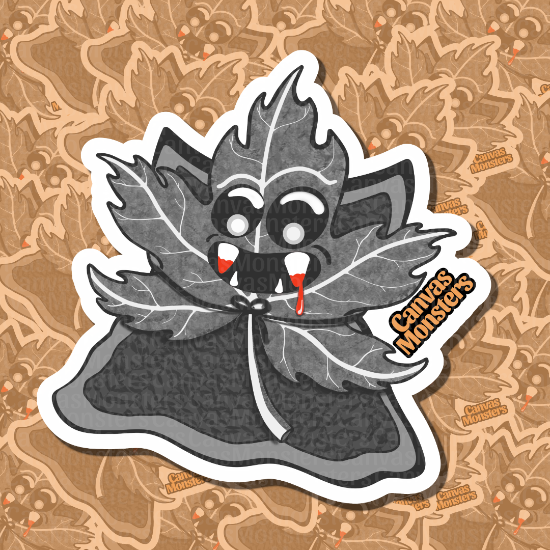 Gray and white maple leave designed as a vampire character, wearing a cape and dripping reg blood from its teeth, against a patterned background.