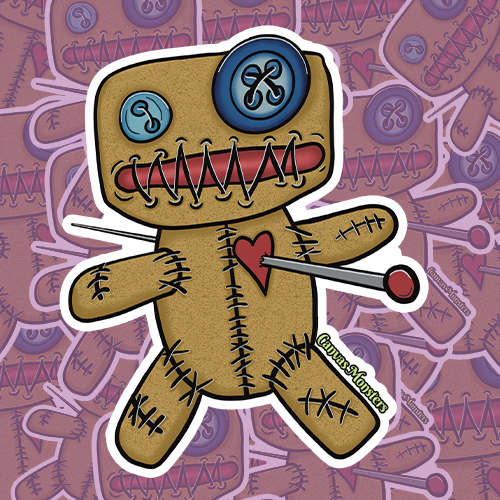 A sticker depicting a whimsical monster doll with a brown body, blue button eyes, a red heart, and a pin, set against a patterned background.