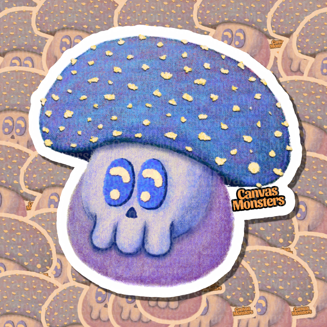 A die-cut sticker featuring a cute mushroom-shaped monster with a blue spotted cap and a purple body with blue eyes, shown on a patterned background. The sticker has a white border and a small 'Canvas Monsters' logo on the right side.