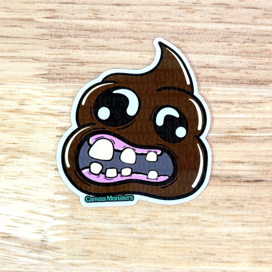 Cartoon poop emoji sticker with a smiling expression on a wooden surface