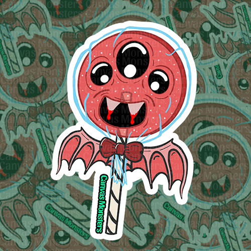 Cartoonish red lollipop creature with bat wings and a bow tie on a patterned background