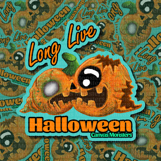 Halloween-themed design with a rotting pumpkin character and 'Long Live Halloween' text on a patterned background.