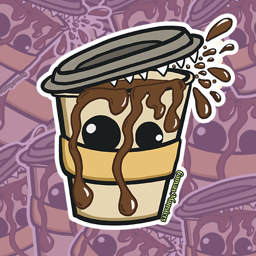 A sticker design of a cartoon monster resembling a cup of coffee with eyes and a tongue, with a splash of milk or coffee coming out of it.