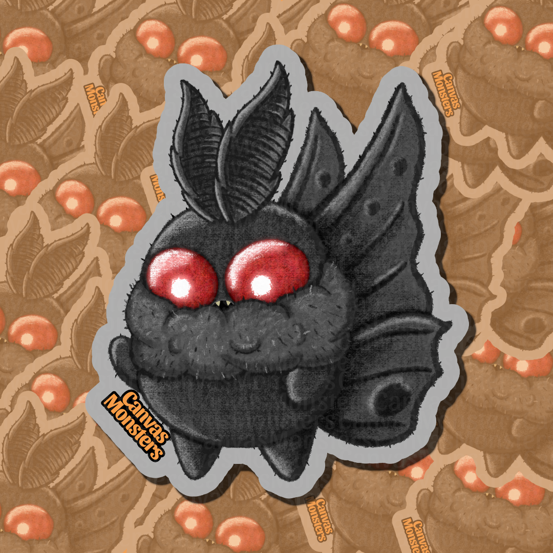 A black moth character with red eyes on a white and patterned background.