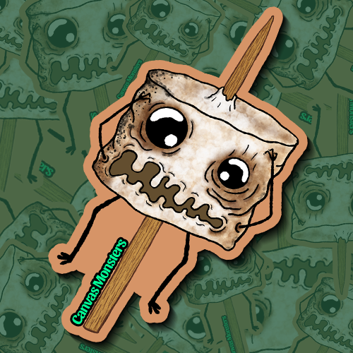 Cartoon toasted marshmallow with a stick skewered through it . It's face groaning. On a green background