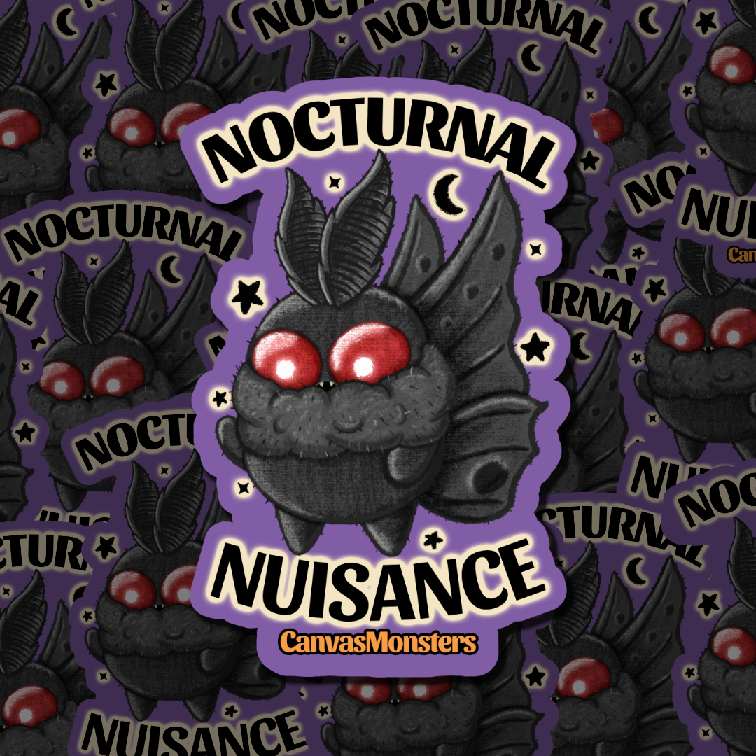 Sticker featuring a Mothman character with "nocturnal nuisance" text around it, on a purple background.