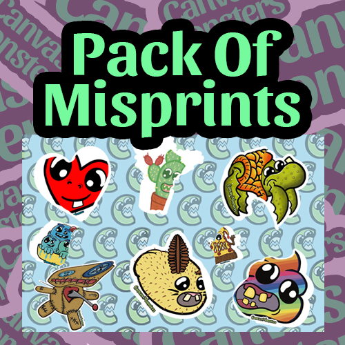 A variety of colorful stickers featuring different designs, including text that reads 'Pack Of Misprints'.