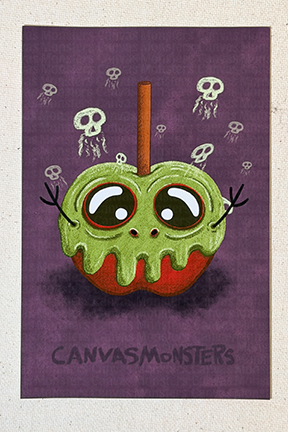 Cartoon apple with googly eyes and a straw on a purple background with 'Canvas Monsters' branding.