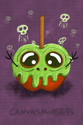 Illustration of a green apple with eyes and a stick on a purple background with skull designs, featuring the brand 'Canvas Monsters'.