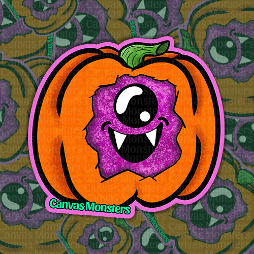 Pumpkin with a purple monster face on a patterned background, featuring 'Canvas Monsters' branding.