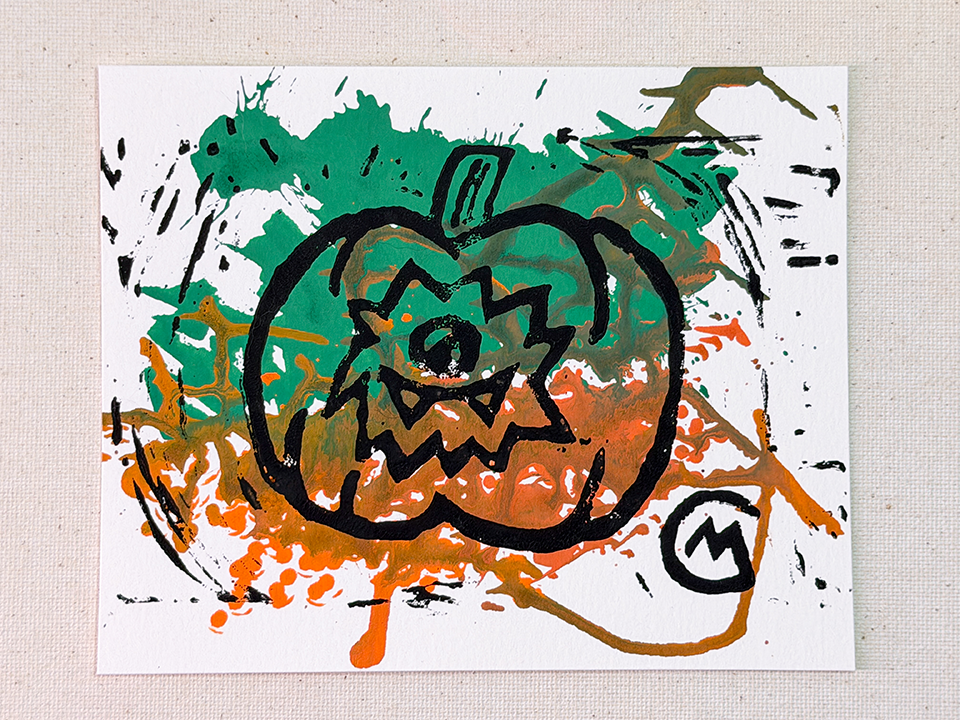Abstract art piece with a pumpkin design on a textured beige background