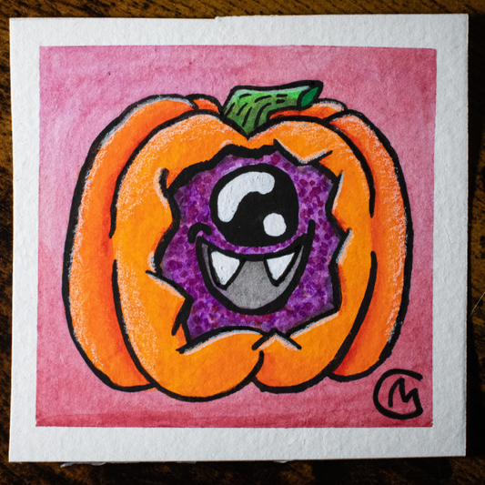 Watercolor painting of an orange pumpkin with a purple monster face, on a red background.
