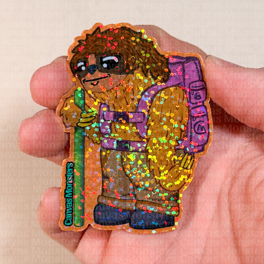 Colorful glittery sticker of a sloth character with a backpack and a pole held in a hand.