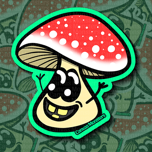 Cartoon mushroom with a red cap and white spots, with a green outline, on a green patterned background