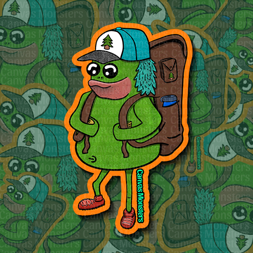 Colorful sticker of a green creature with a backpack on a patterned background