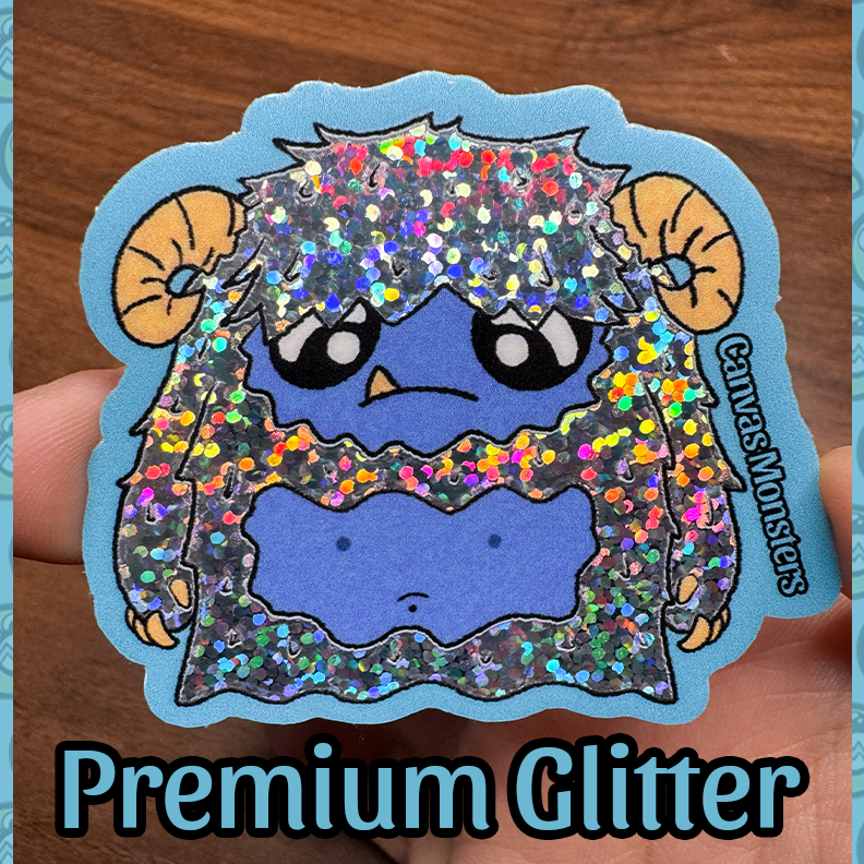 An image of a cartoon yeti with a blue and white color scheme, filled in with glitter with written text "premium glitter" at the bottom of the image.