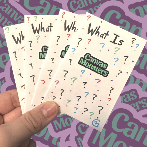 Sheet of stickers with question marks and 'Canvas Monsters' branding held by a hand on a purple background.