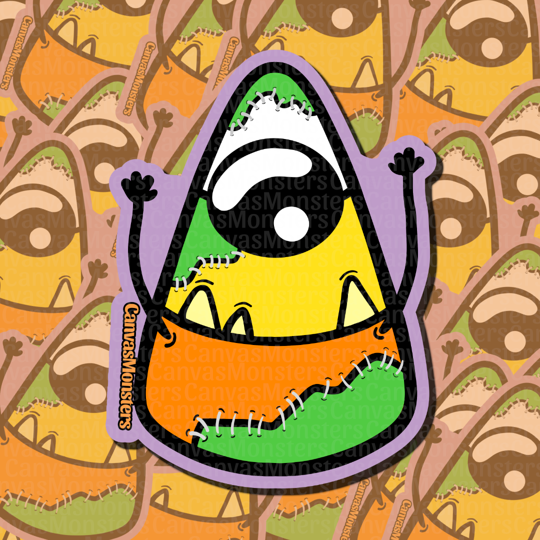 Die cut sticker of a patched candy corn in green, white, yellow, orange, and green, against a patterned background.