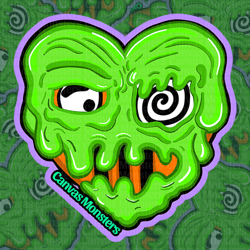 Green heart monster with an oozing face with purple border on a green patterned background