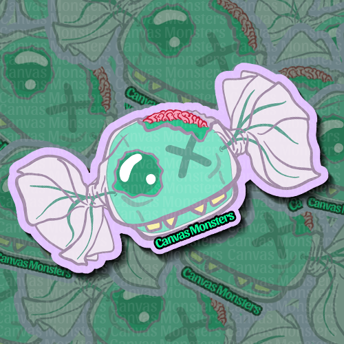 Sticker of a green hard candy creature with white wrapper wings on a patterned background, featuring 'Canvas Monsters' branding.