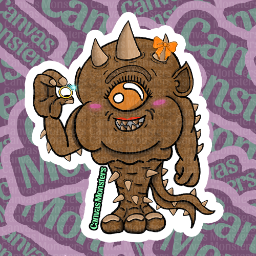 A glossy sticker featuring a cute, cartoon-style brown monster with horns and a flower on its head, posing with a roll of paper.