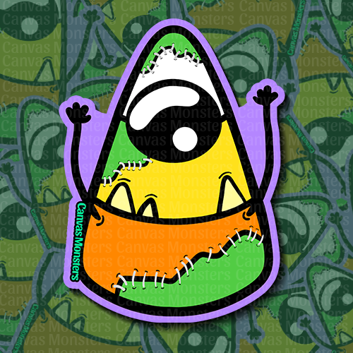 Cartoonish candy corn themed character with a purple outline on a patterned background