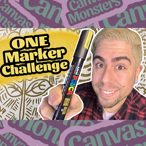 A promotional image featuring a person holding a Posca marker in front of a background with various text elements, including 'ONE Marker Challenge' and 'Canvas Monster.' The person is smiling and looking at the camera.