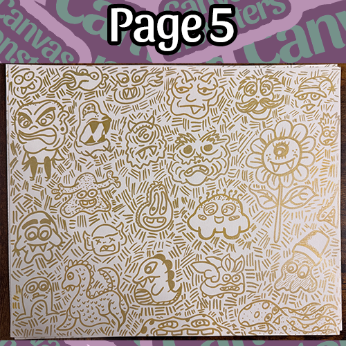 "Page 5" of a collage of monster character drawn in gold marker on white paper