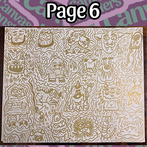 "Page 6" of a collage of monster character drawn in gold marker on white paper
