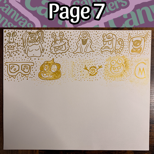 "Page 7" of a collage of monster characters drawn in gold marker on white paper. The marker fades out in the second row.