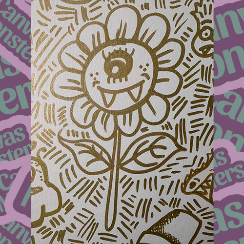 Drawing of a sunflower with a monster face, drawn in gold marker on white paper