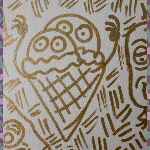 Ice cream cone monster character drawn in gold maker on white paper