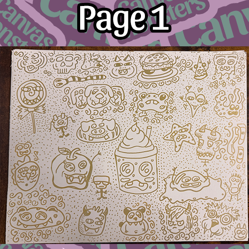 "Page 1" of a collage of monster character drawn in gold marker on white paper