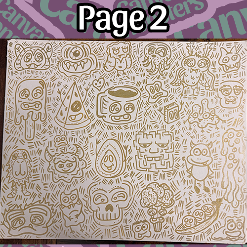 "Page 2" of a collage of monster character drawn in gold marker on white paper