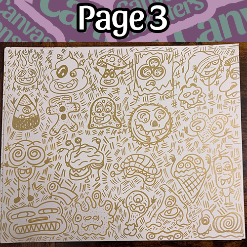 "Page 3" of a collage of monster character drawn in gold marker on white paper