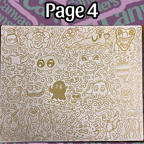 "Page 4" of a collage of monster character drawn in gold marker on white paper