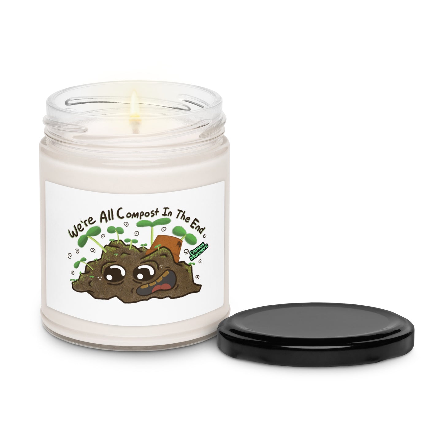 Candle in a jar with a compost-themed label on a white background