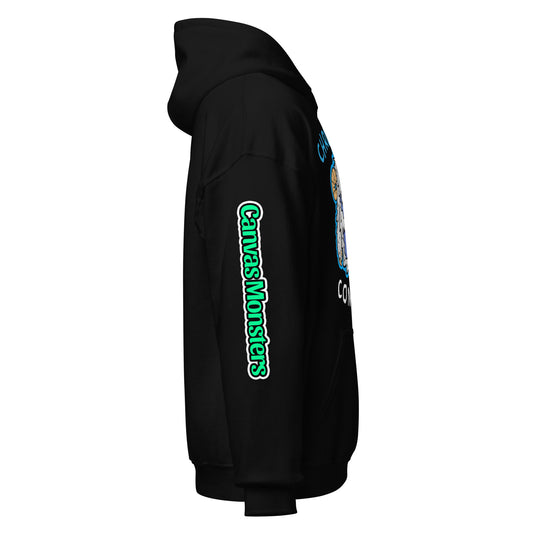 Black hoodie with 'Canvas Monsters' logo on the sleeve against a white background