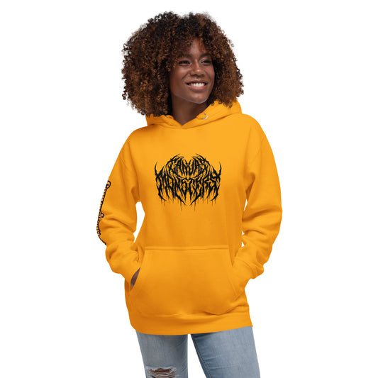 A woman with curly brown hair wearing a bright orange hoodie with a black metal text graphic on the chest, paired with light blue jeans, set against a plain white background.