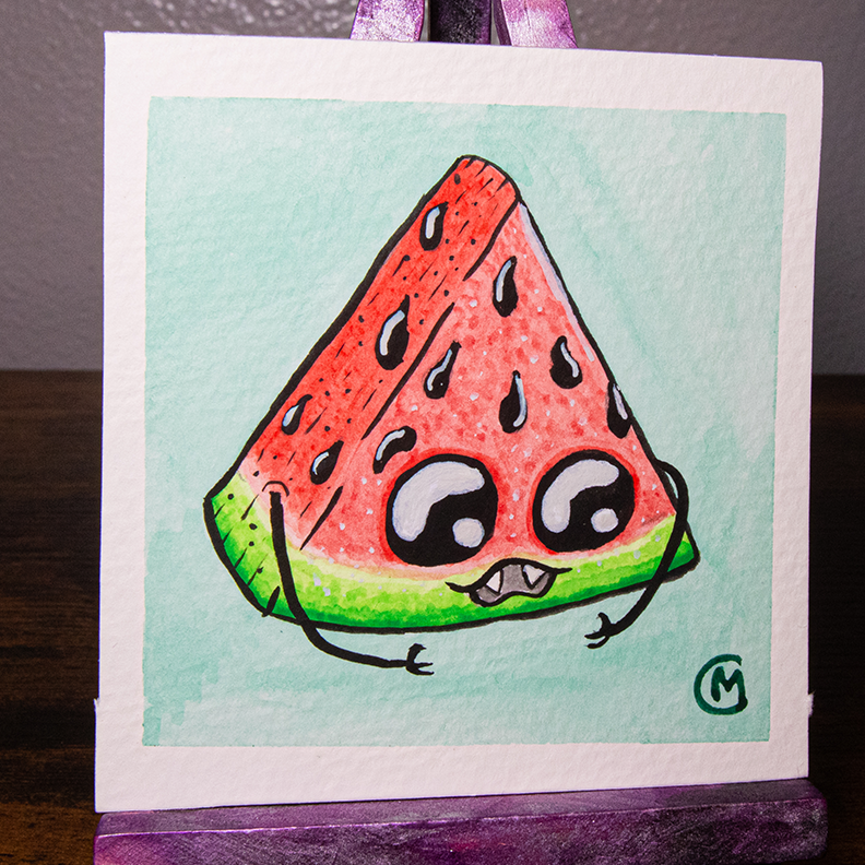 Water color painting of a watermelon monster with a cute face.