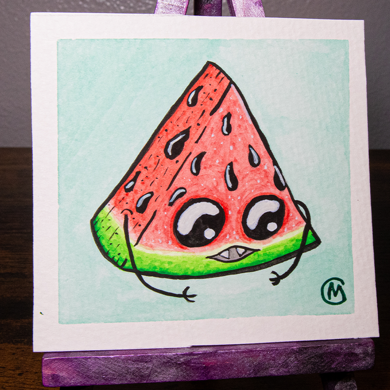 Water color painting of a watermelon monster with a cute face.