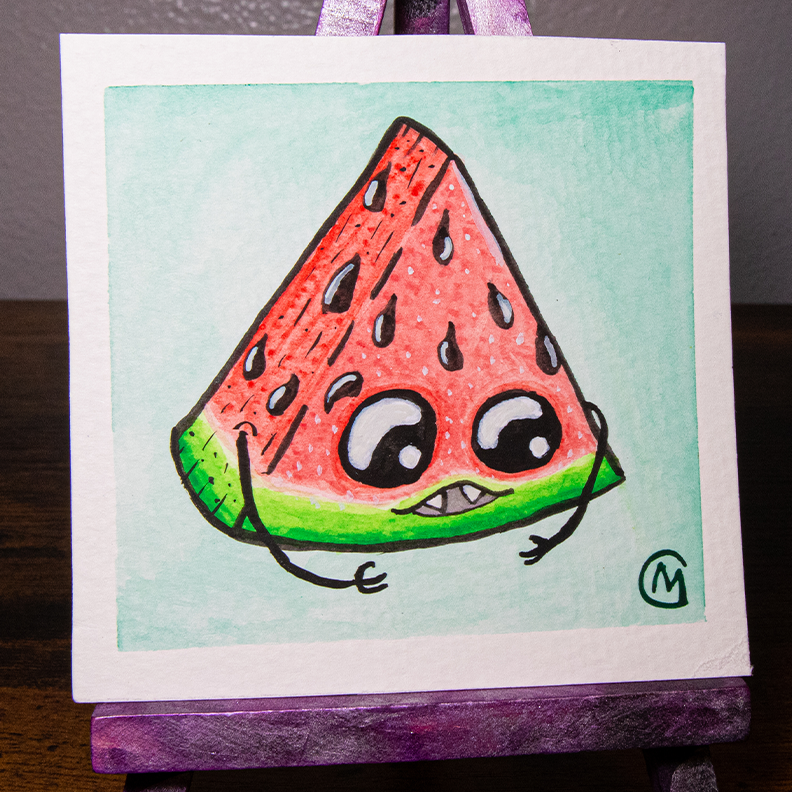 Water color painting of a watermelon monster with a cute face.