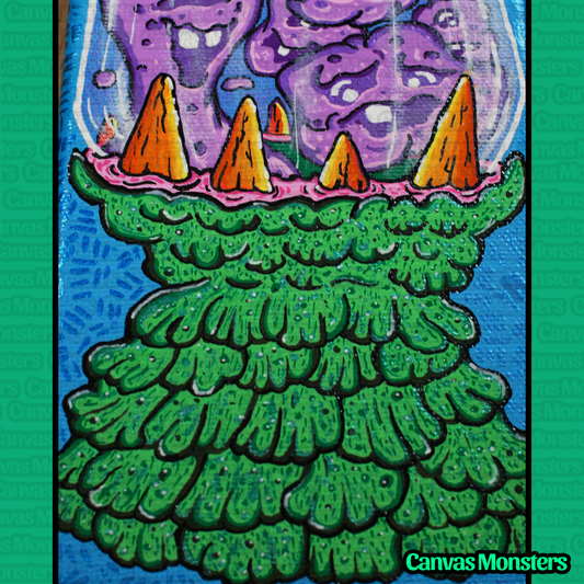 Close up of the bottom half of a lava lamp painting. Green metallic paint highlighted with black and white, on a blue background.