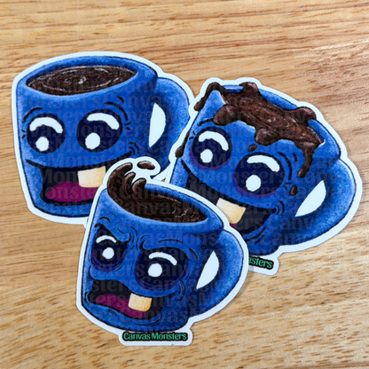 Three blue cartoon coffee cup stickers on a wooden surface