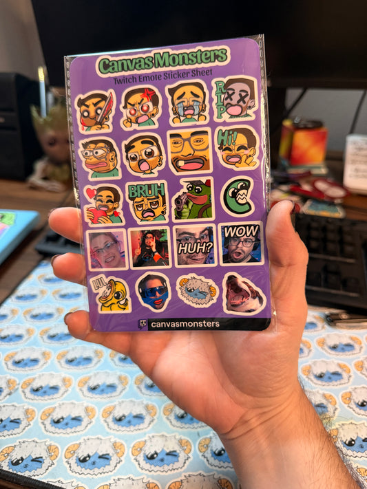 A 4x6 sticker sheet of images featuring cartoon emoticons and screen grabs of Twitch emotes from the channel Canvas Monsters on Twitch. The sticker sheet is multicolored with purple being the core color. 