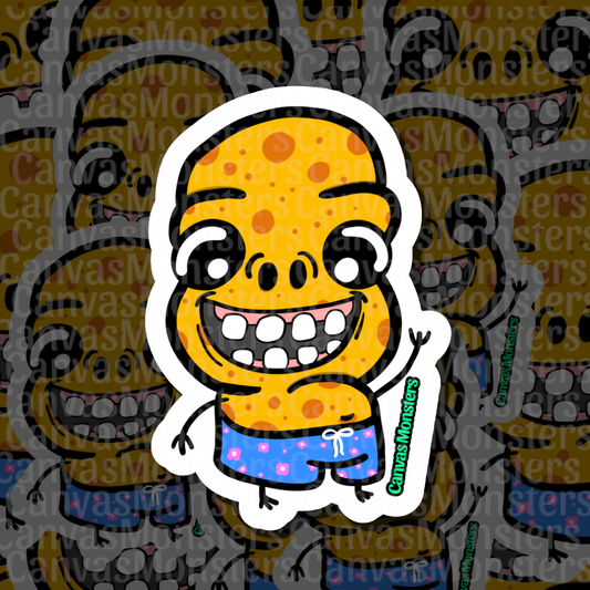 A die-cut sticker featuring a cartoon character with a yellow-orange spotted head and blue patterned shorts, shown against a dark patterned background with repeated watermark text.