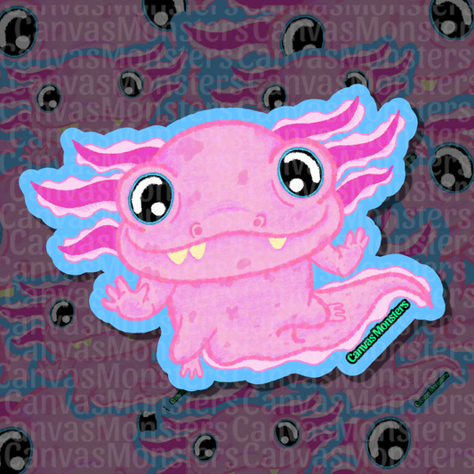 A die-cut sticker featuring a cute pink axolotl cartoon character with a light blue outline, displayed on a dark patterned background with a repeating 'CanvasMonsters' watermark.